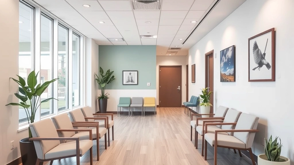 Modern healthcare facility waiting room with calming décor, comfortable chairs, and soft neutral colors, depicting accessible mental health care setting