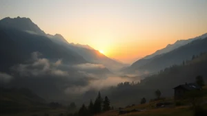Serene mountain valley landscape at sunrise with mist, peaceful natural setting, photorealistic, no text or people visible