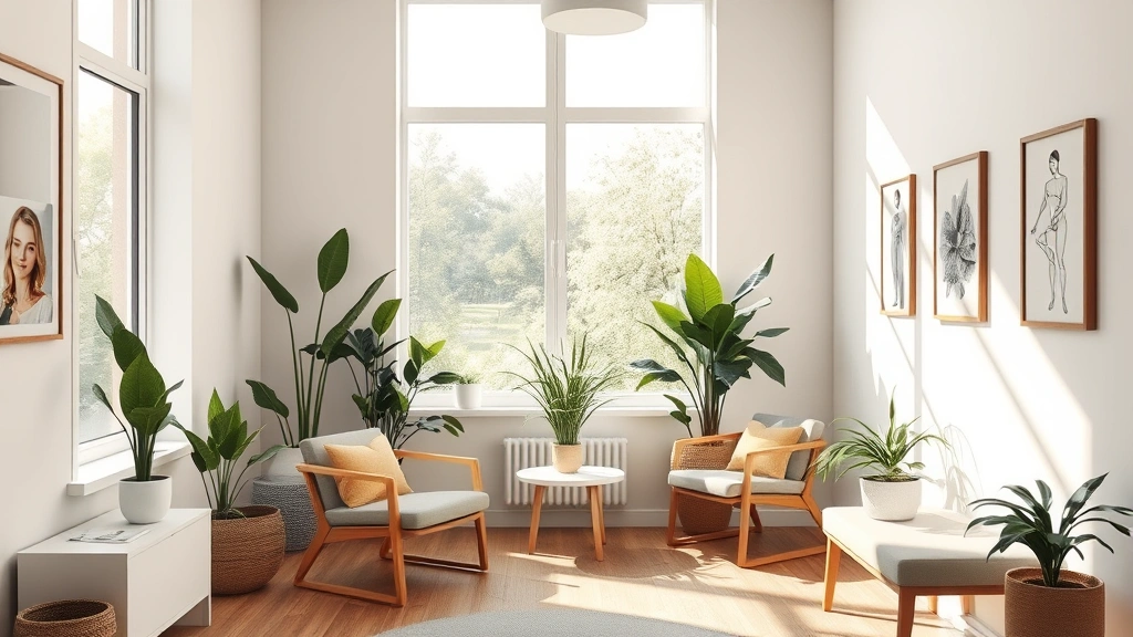 Comfortable therapy office interior with natural light, comfortable seating, plants, warm minimalist design, photorealistic, no people