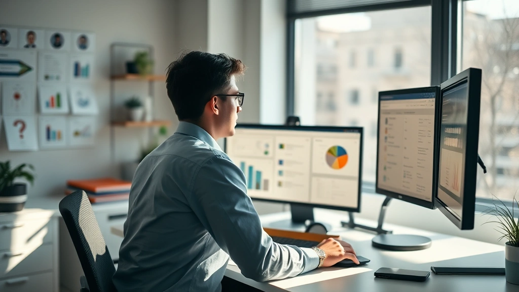 Person sitting at a clean desk in morning sunlight, focused and engaged, multiple monitors showing organized information, calm and productive workspace environment