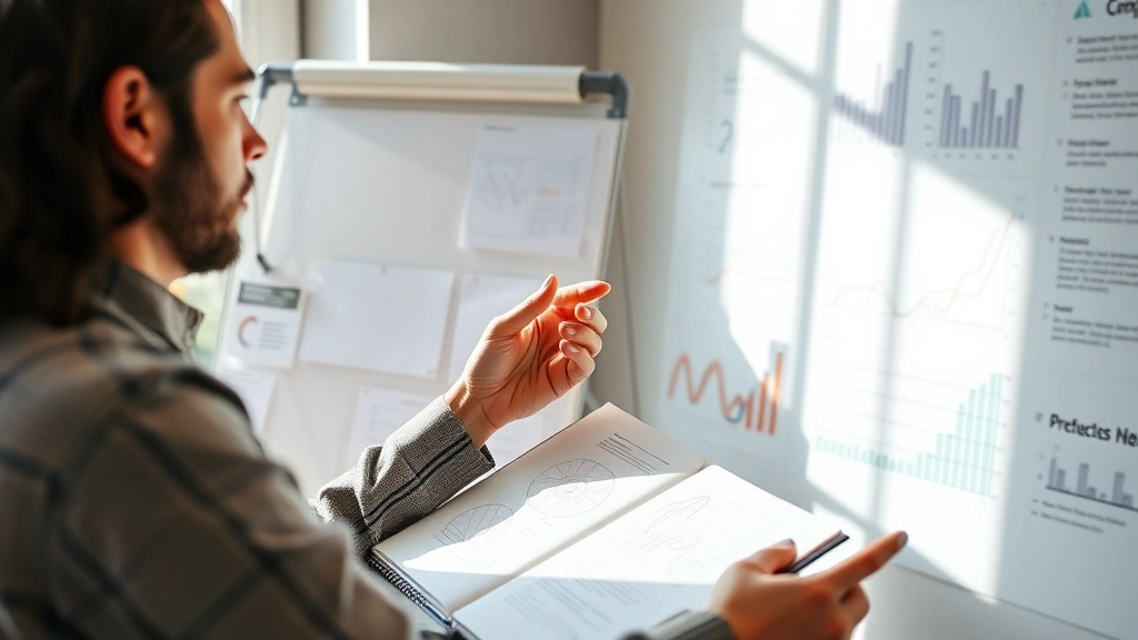 Individual reviewing progress on a whiteboard or notebook with graphs and patterns, thoughtful expression, natural lighting, surrounded by planning materials and notes