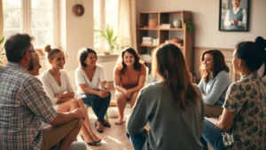 A diverse group of people sitting in a circle during a community gathering, engaged in meaningful conversation, warm natural lighting, intimate communal setting, calm and supportive atmosphere