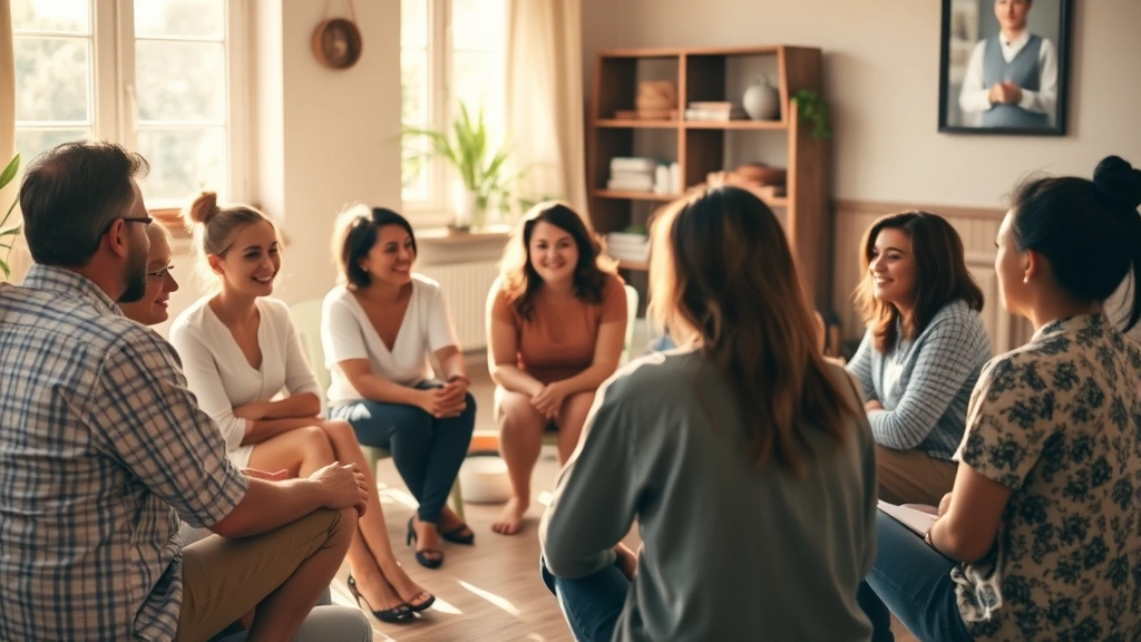 A diverse group of people sitting in a circle during a community gathering, engaged in meaningful conversation, warm natural lighting, intimate communal setting, calm and supportive atmosphere