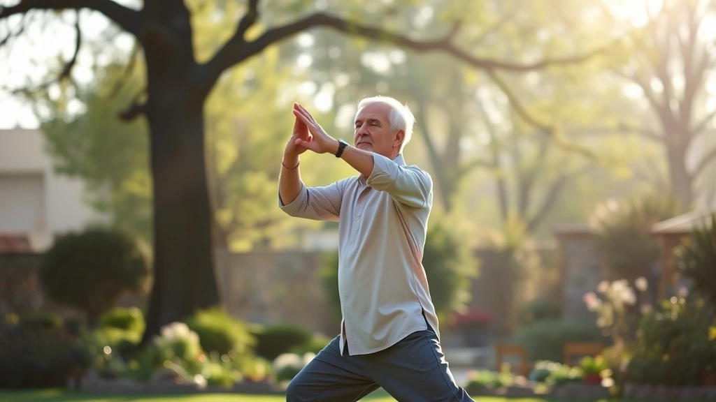 An individual practicing tai chi or meditation outdoors in a peaceful garden setting, morning light filtering through trees, serene natural environment, balance and inner peace