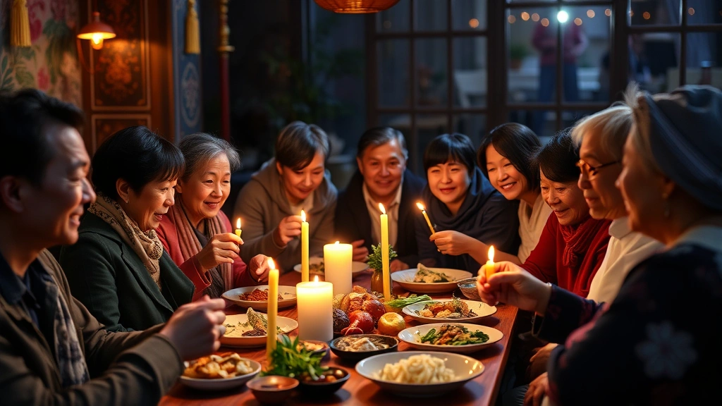 A multicultural gathering of people of various Asian backgrounds sharing a meal together, warm candlelight, meaningful connection, cultural celebration, intergenerational presence