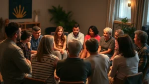 A diverse group of people sitting in a circle during a supportive community gathering, warm lighting, intimate atmosphere, no text or words visible