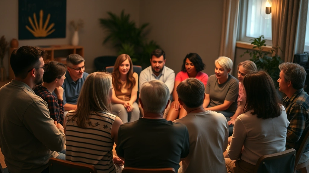 A diverse group of people sitting in a circle during a supportive community gathering, warm lighting, intimate atmosphere, no text or words visible