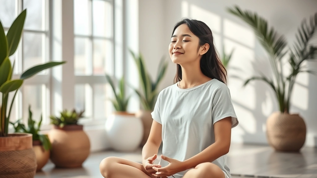 An Asian woman meditating peacefully in a modern wellness space with natural light, plants, and calm surroundings, serene and balanced composition