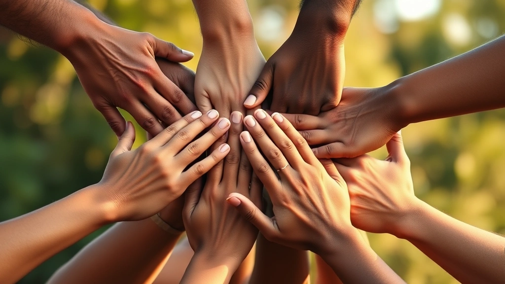 Multiple hands coming together in unity and support, diverse skin tones, symbolizing community connection and collective healing, warm natural lighting
