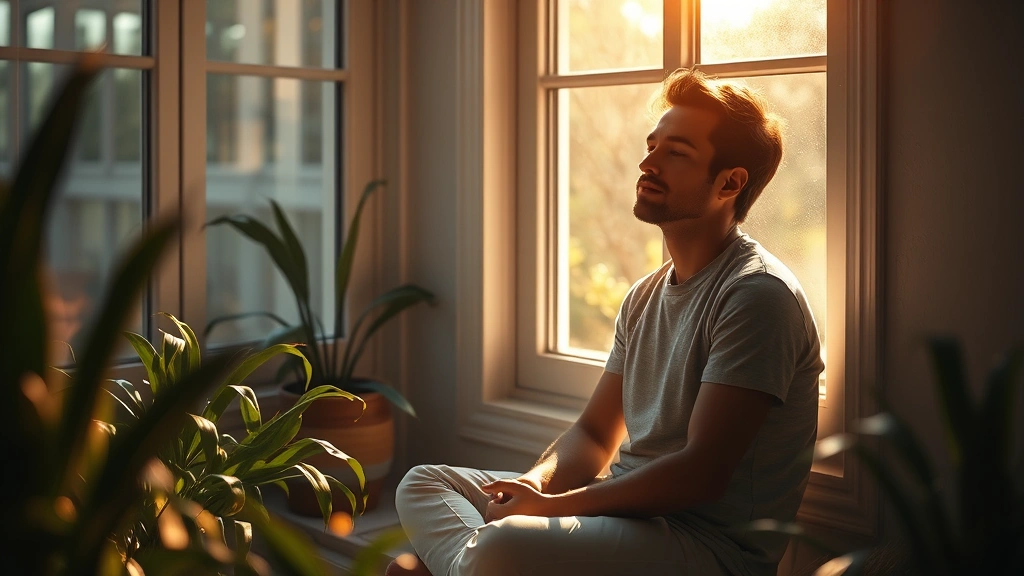 Person sitting peacefully in natural sunlight by a window, looking calm and centered, surrounded by plants and warm ambient light, photorealistic style