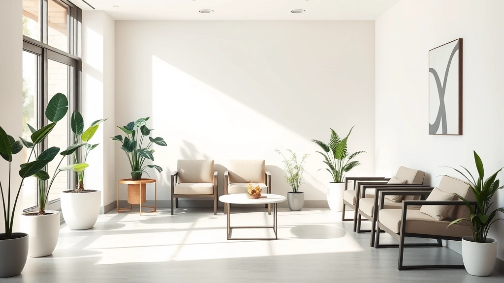 Serene modern mental health clinic waiting room with comfortable seating, soft natural lighting, calming neutral colors, plants, and peaceful atmosphere without any text or signage