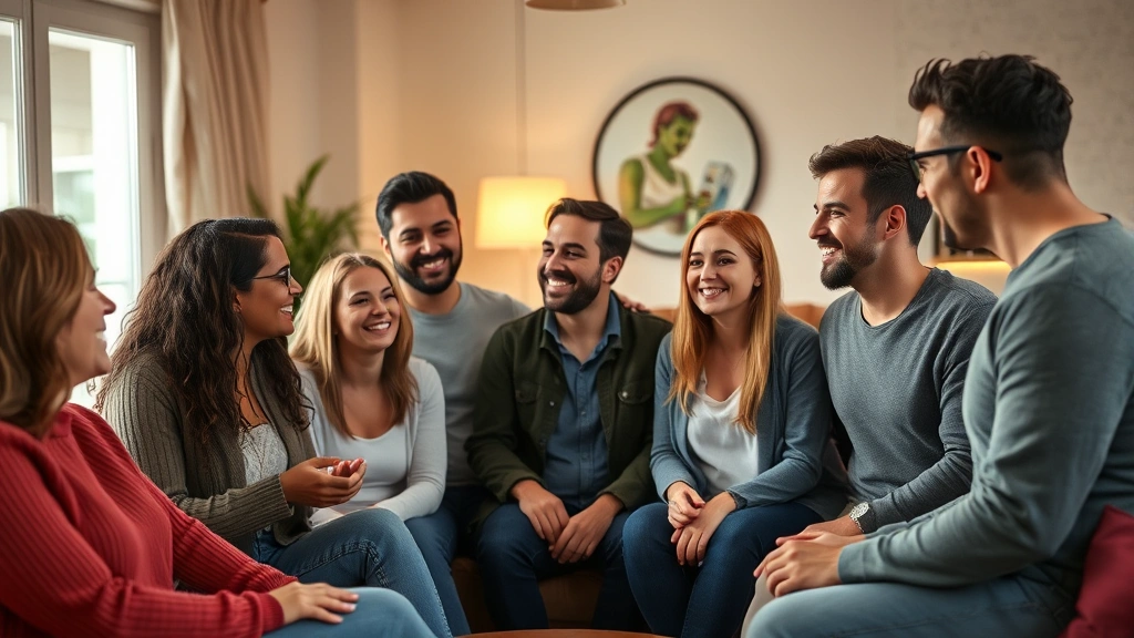Diverse group of people having genuine conversation in a comfortable living space, smiling and engaged, warm lighting, photorealistic composition