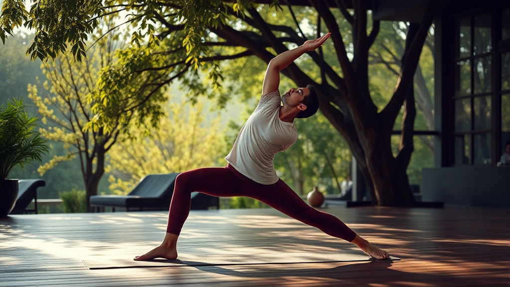 Individual doing yoga or stretching in a serene environment with natural elements, focused and balanced posture, peaceful atmosphere, photorealistic