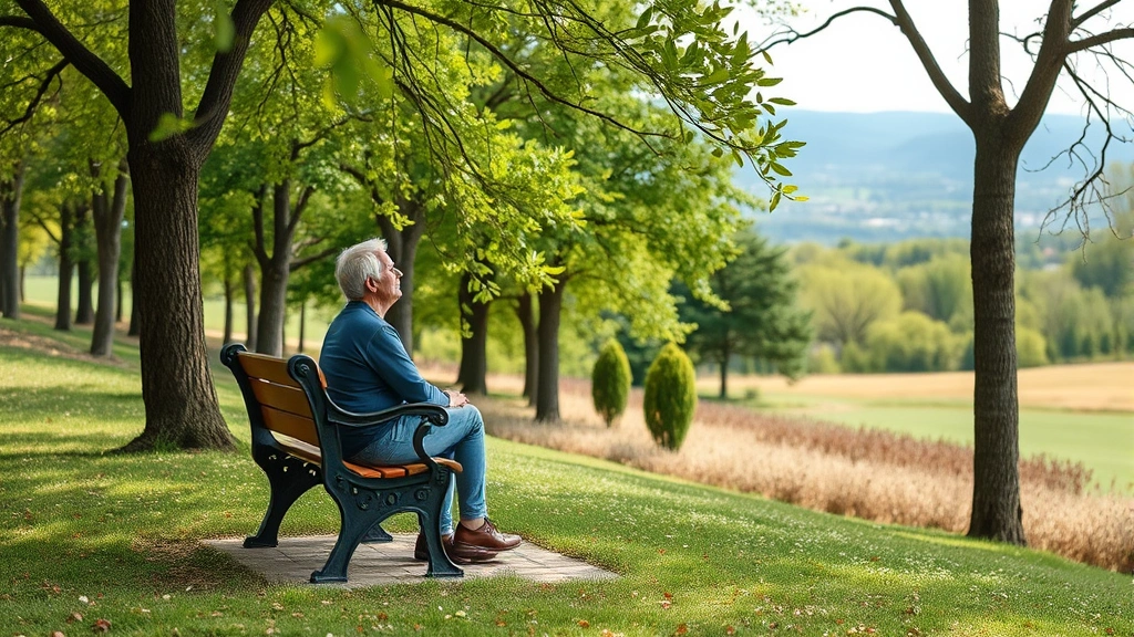 Peaceful outdoor nature scene with person sitting peacefully on a bench surrounded by trees and natural landscape, conveying mental wellness and tranquility