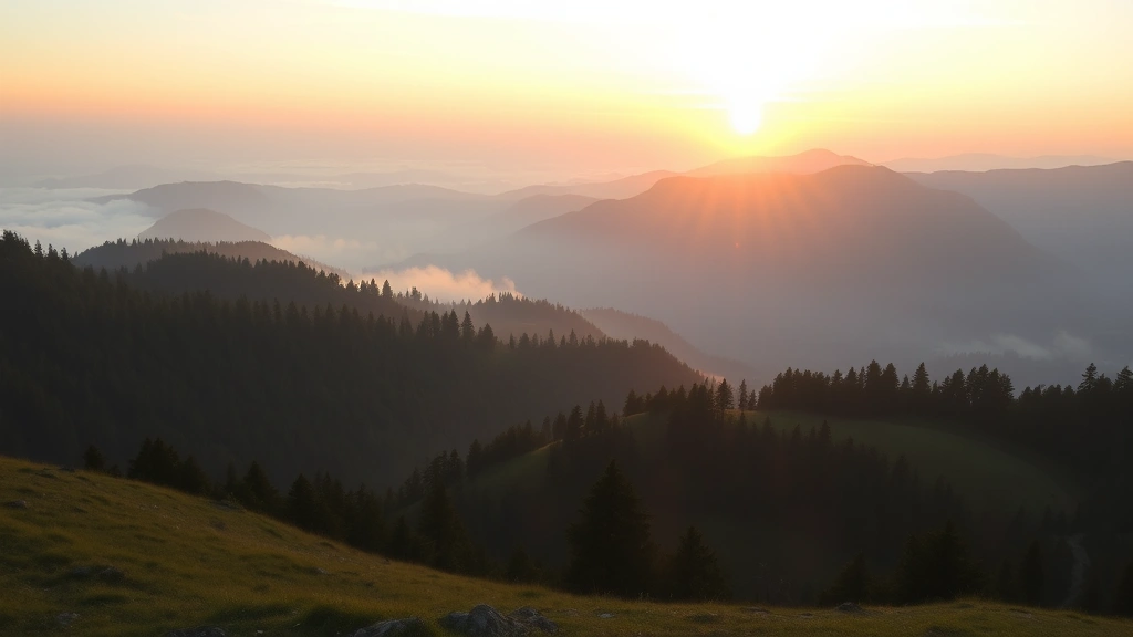 Serene mountain landscape at sunrise with misty valleys, peaceful natural environment suggesting healing and renewal, no text or people visible