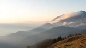Serene mountain landscape with misty peaks at dawn, peaceful natural setting conveying calm and healing atmosphere, soft natural lighting