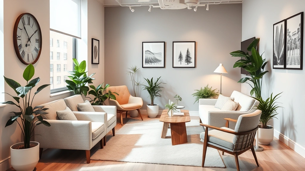Comfortable modern therapy office interior with soft lighting, comfortable seating, plants, and calming neutral colors, professional yet welcoming atmosphere