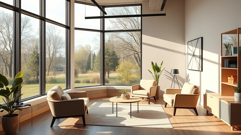 Modern therapy office interior with comfortable seating, large windows showing nature views, warm lighting and minimalist design promoting safety and comfort
