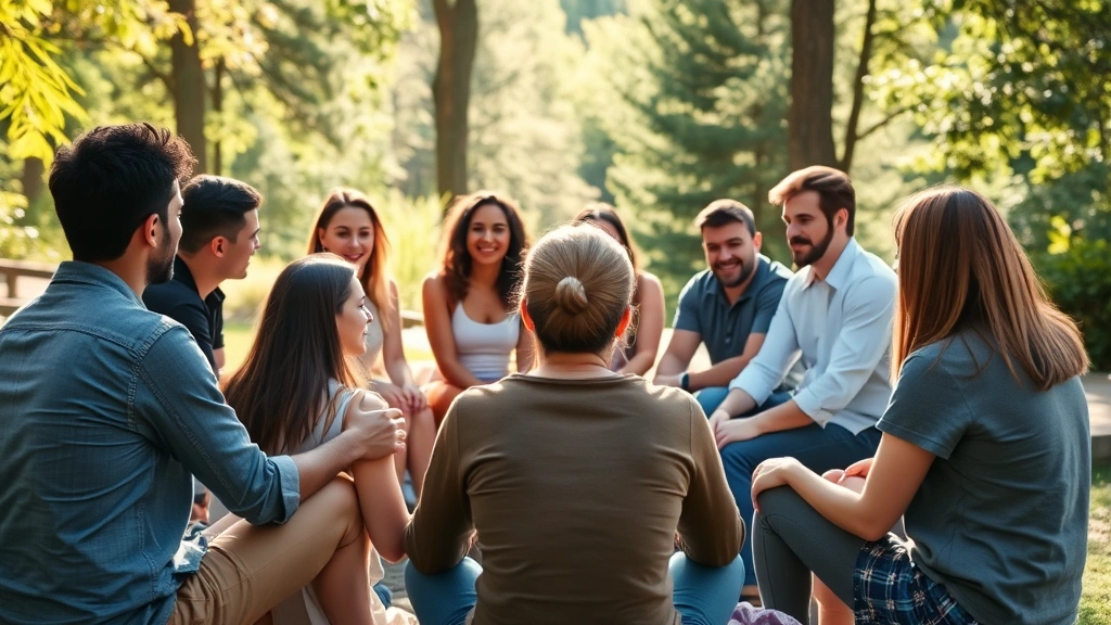 Group of diverse people sitting in supportive circle outdoors in natural setting, body language showing connection and listening, warm sunlight, no faces clearly visible