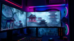 Photorealistic high-end gaming PC with RGB lighting, multiple monitors displaying game footage, showing dense medieval Japanese temple environment with volumetric lighting effects