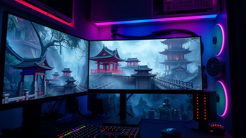 Photorealistic high-end gaming PC with RGB lighting, multiple monitors displaying game footage, showing dense medieval Japanese temple environment with volumetric lighting effects
