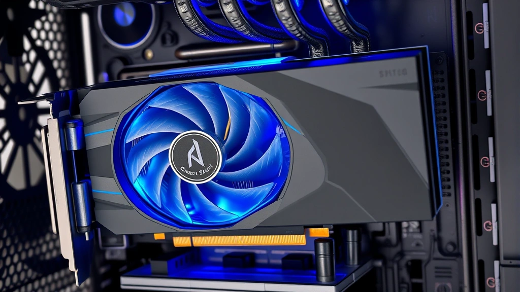 Close-up photorealistic graphics card with cooling fans visible, mounted in computer case, showing thermal paste application and professional cooling system setup
