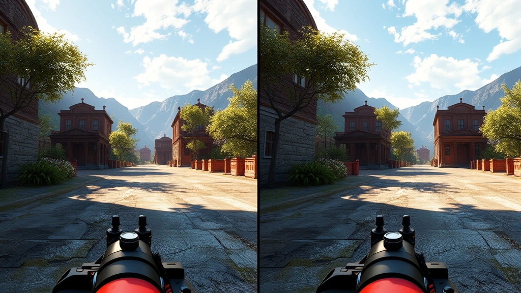 Photorealistic split-screen comparison showing same game scene rendered at different graphics quality levels, from low to maximum settings with ray tracing enabled
