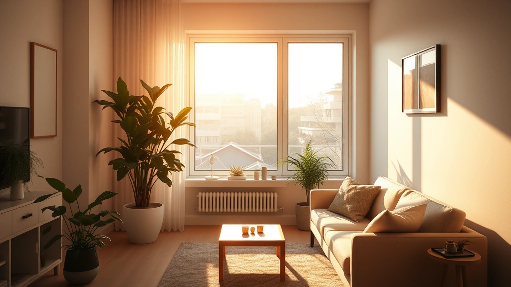 Sunlit residential room with comfortable seating, plant by window, warm lighting creating peaceful atmosphere, no people visible, modern minimalist decor