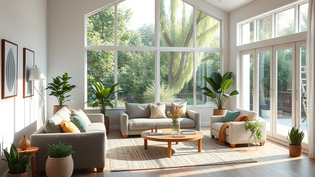 A serene residential living room with natural light streaming through large windows, comfortable seating arrangement, plants, and peaceful decor suggesting a welcoming therapeutic environment