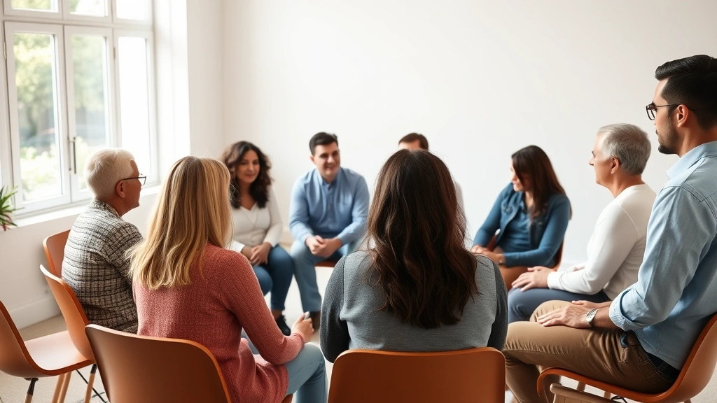 Group of diverse adults in circle during discussion in bright community room, engaged posture, natural lighting, therapeutic environment, no text visible