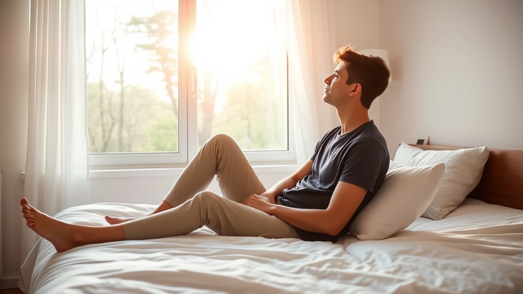 Individual sitting peacefully on bed in private room, looking out window at trees, morning light streaming in, calm expression, serene bedroom setting