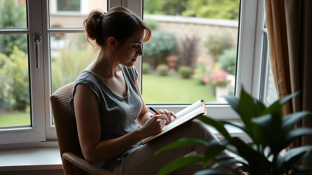 A person writing in a journal while sitting by a window overlooking a garden, suggesting personal reflection, wellness, and mental clarity in a calm residential setting