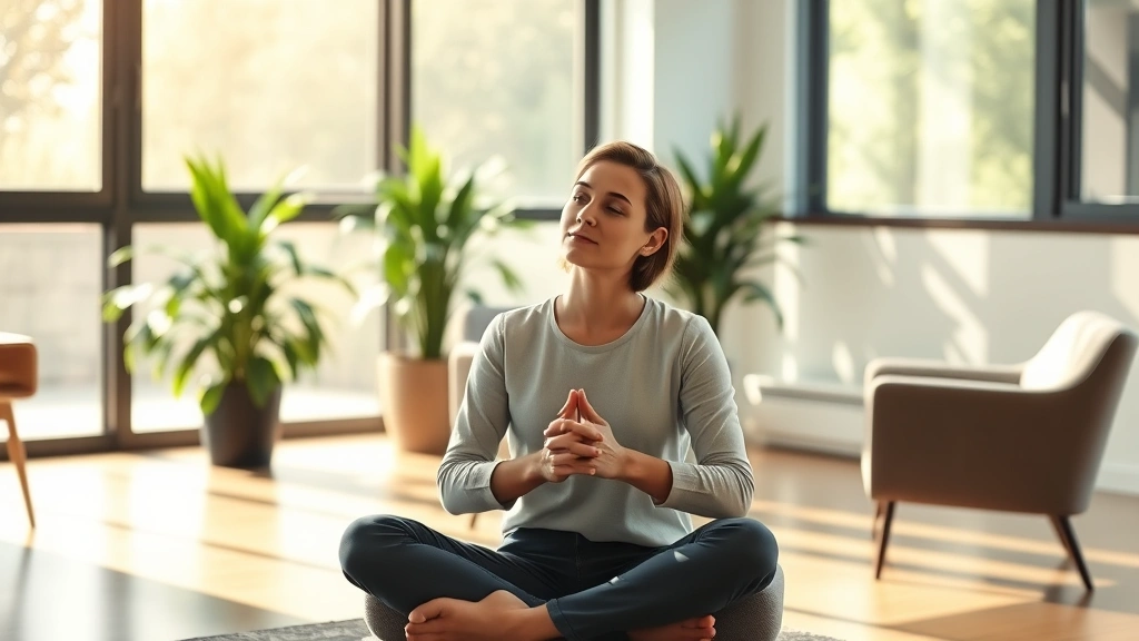 Person sitting peacefully in a modern office setting, natural light streaming through windows, looking calm and centered with hands folded, professional environment suggesting counseling or therapy