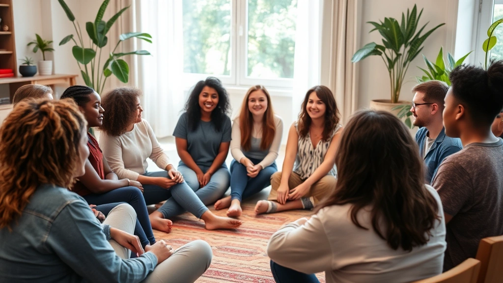 Group of diverse people in a circle during a support meeting or wellness workshop, sitting comfortably, engaged and supportive expressions, community gathering atmosphere