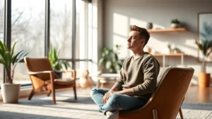 A young adult sitting peacefully in a modern counseling office with soft natural light coming through large windows, comfortable furniture, and calming neutral tones, showing a moment of mental clarity and peace