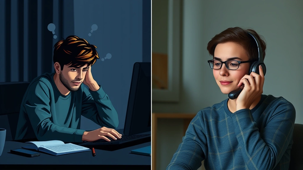 A student at a computer late at night looking stressed and overwhelmed with academic work, then transitioning to the same student looking calm after calling a support line, showing emotional transformation and relief