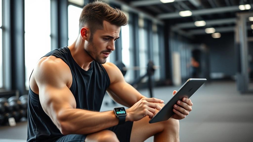 Athlete reviewing performance metrics on tablet and smartwatch, analyzing training data, sitting in modern athletic facility, concentrated posture