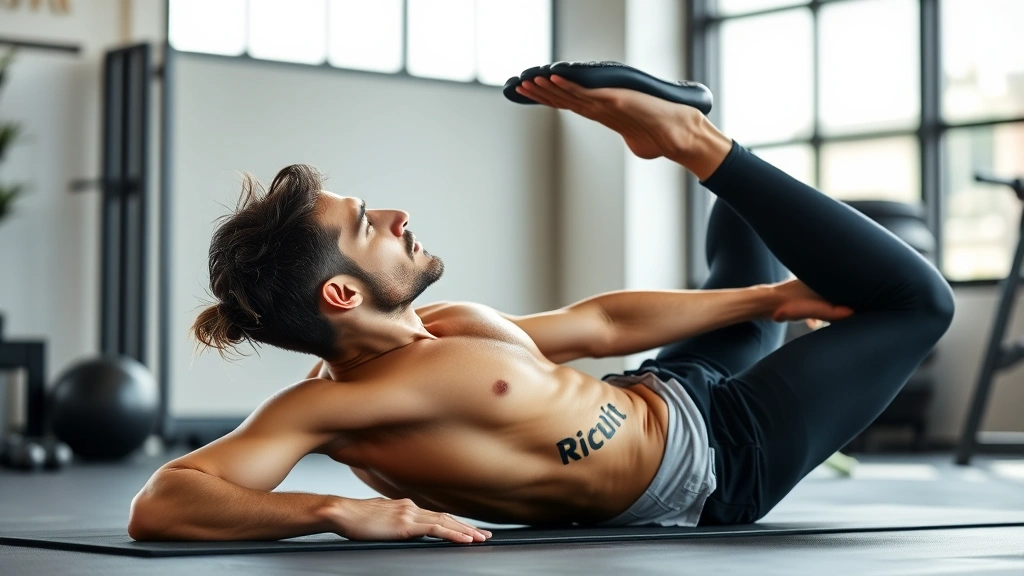 Recovery scene: athlete stretching and doing mobility work, peaceful focused expression, bright natural lighting, modern training studio setting
