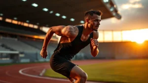 Athlete in mid-sprint on a track, muscles engaged, focused expression, sunrise lighting, professional stadium setting, motion captured, intense concentration visible
