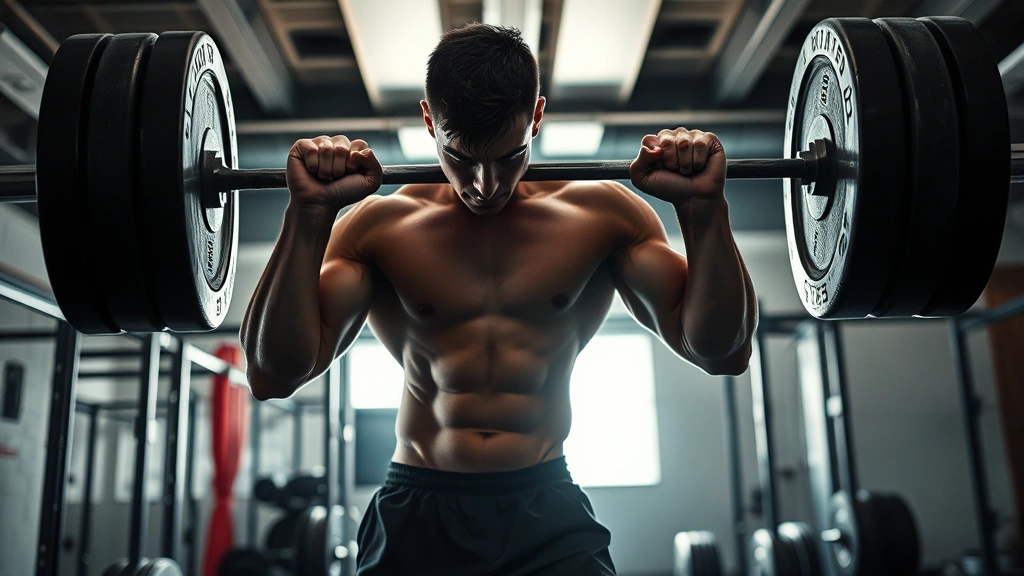 Weight room with barbells and training equipment, athlete gripping a barbell before lift, determined posture, dramatic lighting, sweat visible, raw athletic preparation