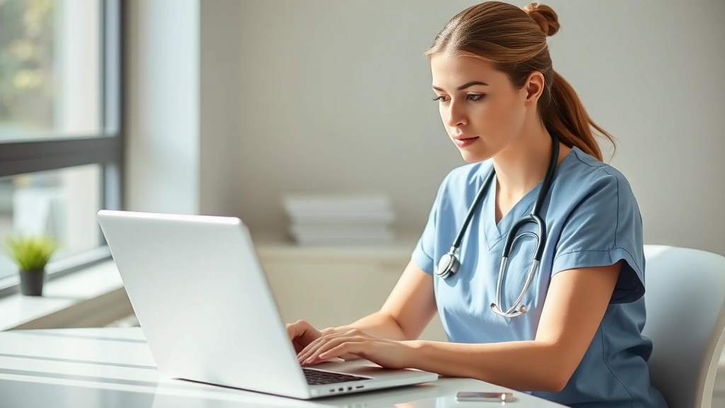 A nurse in professional scrubs sitting at a desk with a laptop, reviewing patient information with a focused, contemplative expression, soft natural lighting from a window