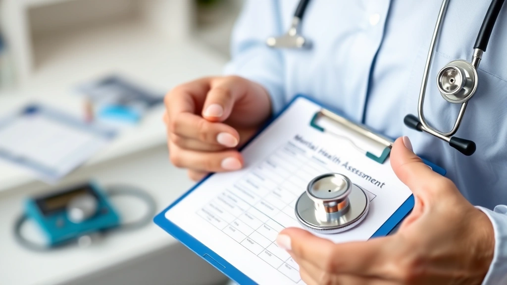 Close-up of hands holding a stethoscope and clipboard with mental health assessment notes, clinical workspace with subtle medical equipment blurred in background