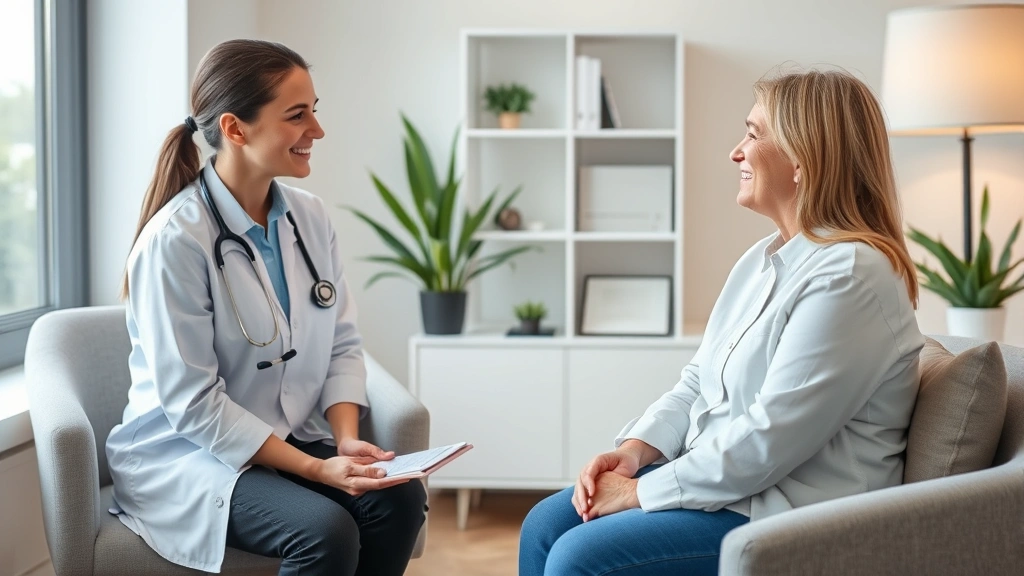 Professional healthcare environment with a therapist and patient in a comfortable consultation room, demonstrating active listening and therapeutic presence during a mental health session