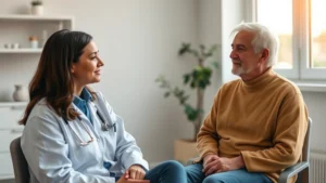 Calm healthcare professional sitting with a patient in a bright clinical office, both appearing engaged in meaningful conversation, soft natural lighting through windows, peaceful atmosphere