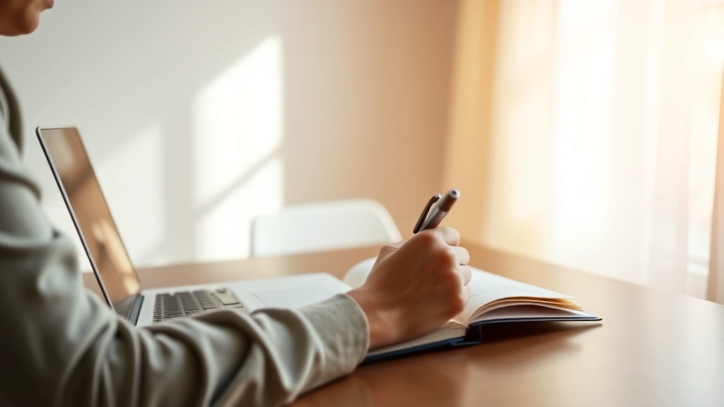 Person sitting at desk studying on laptop with open notebook, taking notes with pen, warm natural lighting, peaceful concentration