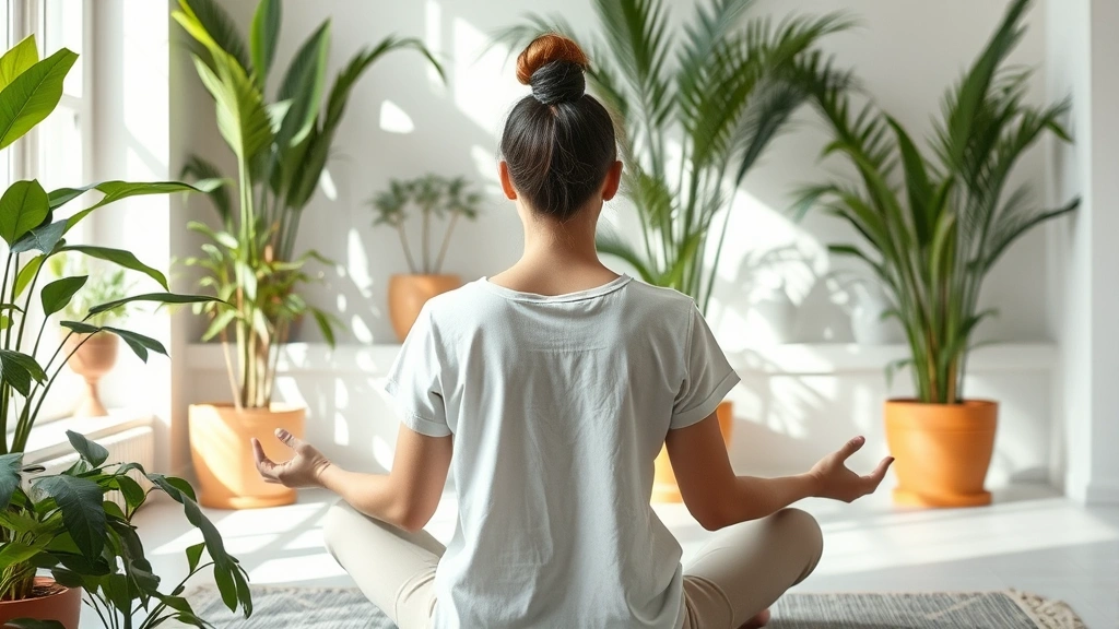 Person meditating or practicing mindfulness in a serene environment with plants and natural light, representing mental wellness and self-care practices