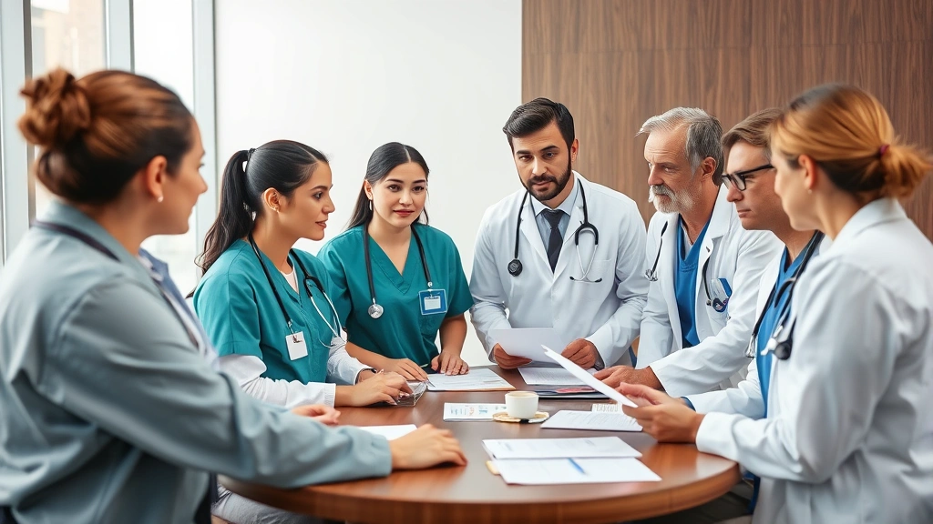 Group of healthcare professionals in medical attire having discussion around table with clinical documents, collaborative atmosphere, professional setting