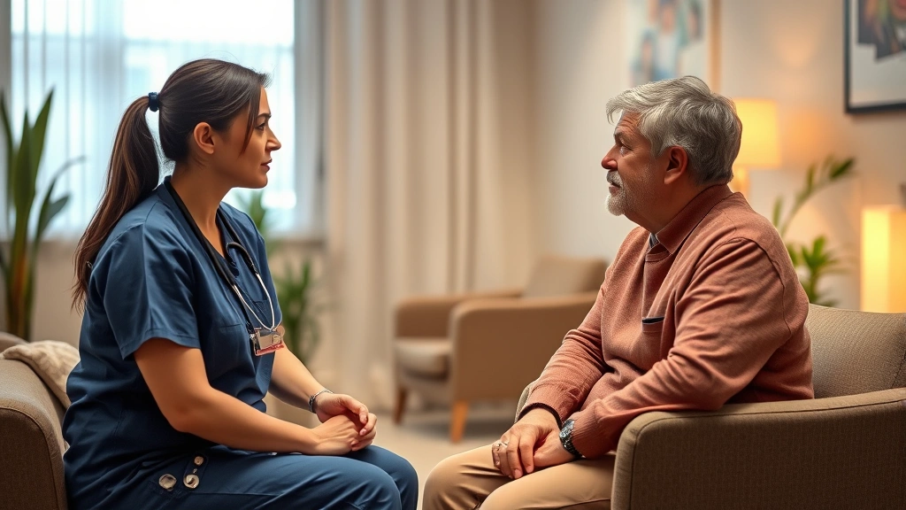 A nurse having a thoughtful conversation with a patient in a calm, well-lit mental health clinic room with comfortable seating and warm lighting, both appearing engaged and focused