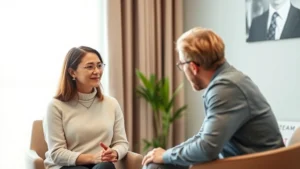 A calm, focused mental health professional conducting a thoughtful assessment with a patient in a modern clinical office, warm lighting, genuine connection evident through body language and positioning