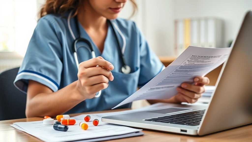 Close-up of a nursing student reviewing psychiatric medications and clinical notes at a desk with a laptop and reference materials, studying intently